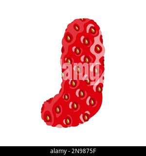 Strawberry font. Letter J. Alphabetical character with strawberry texture. Character representing one or more of the sounds used in speech. Decorative Stock Vector