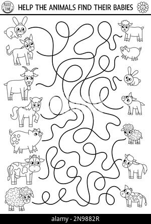 Black and white farm maze for kids with animals and babies. Country side line preschool printable activity with cute goat, pig, cow. Mothers day labyr Stock Vector