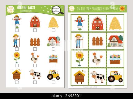 On the farm hide and seek game. Farm matching activity for kids