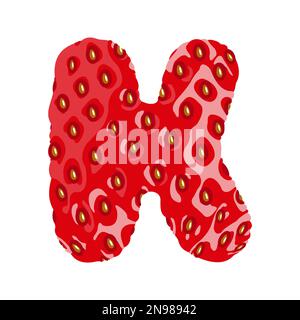 Strawberry font. Letter K. Alphabetical character with strawberry texture. Character representing one or more of the sounds used in speech. Decorative Stock Vector