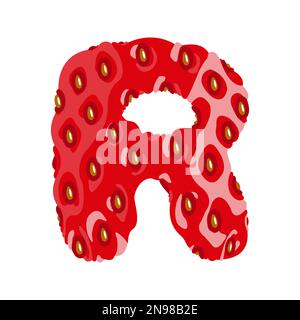 Strawberry font. Letter R. Alphabetical character with strawberry texture. Character representing one or more of the sounds used in speech. Decorative Stock Vector