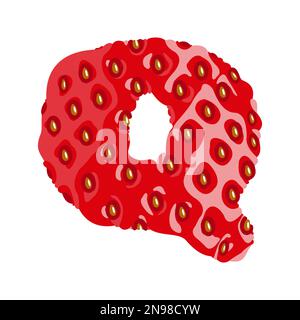 Strawberry font. Letter Q. Alphabetical character with strawberry texture. Character representing one or more of the sounds used in speech. Decorative Stock Vector