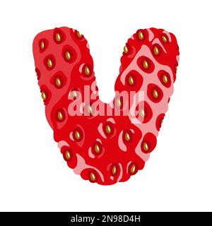 Strawberry font. Letter V. Alphabetical character with strawberry texture. Character representing one or more of the sounds used in speech. Decorative Stock Vector