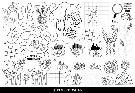 Vector mothers day placemat for kids. Family love and peace printable activity mat with maze, tic tac toe charts, connect the dots, find difference. B Stock Vector