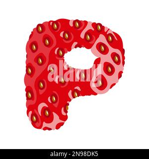 Strawberry font. Letter P. Alphabetical character with strawberry texture. Character representing one or more of the sounds used in speech. Decorative Stock Vector