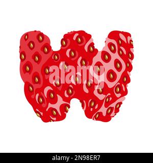 Strawberry font. Letter W. Alphabetical character with strawberry texture. Character representing one or more of the sounds used in speech. Decorative Stock Vector