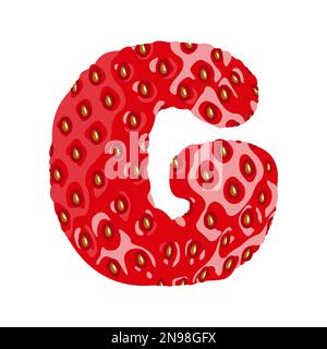 Strawberry font. Letter G. Alphabetical character with strawberry texture. Character representing one or more of the sounds used in speech. Decorative Stock Vector