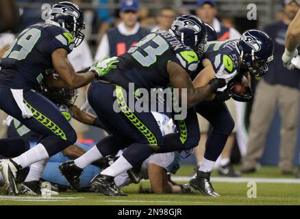 Seattle Seahawks linebacker Heath Farwell (55) reacts to the touchdown  scored by the offense against the Denver Broncos at the Super Bowl XLVIII  at MetLife Stadium in East Rutherford, New Jersey on