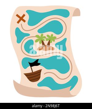 Vector treasure island map icon. Pirate plan illustration. Flat colored jewel hunt guide. Old sea route paper isolated on white background. Stock Vector