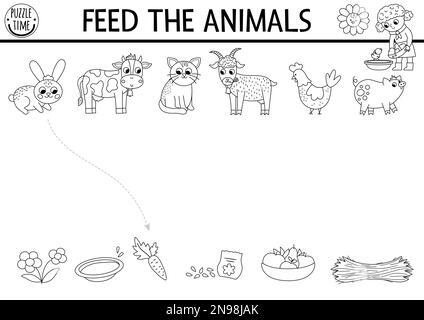 Black and white farm matching activity with animals, food. Country puzzle with rabbit, cow, hen, goat, pig. Match the objects game. Feed the animals p Stock Vector