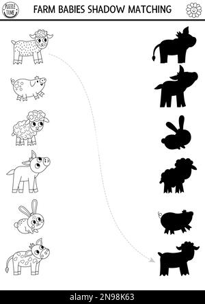 Black and white farm shadow matching activity with baby animals. Country village line puzzle with cute calf, piglet, lamb. Find correct silhouette pri Stock Vector