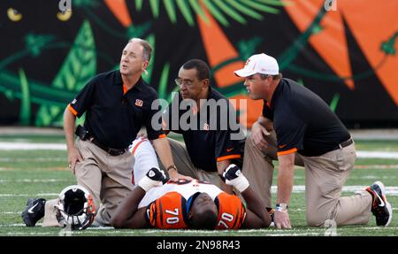 Trainers check on Cincinnati Bengals tackle Travelle Wharton (70) after he  was injured in the first half of an NFL preseason football game against the  New York Jets, Friday, Aug. 10, 2012