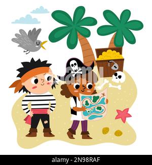 Vector pirate kids with map looking for treasure chest. Cute treasure hunt scene with children. Tropical island hunters illustration. Funny pirate par Stock Vector