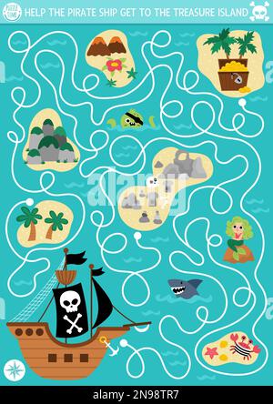 Pirate maze for kids with marine landscape, ship, isles. Treasure hunt preschool printable activity. Sea adventures labyrinth game, puzzle. Help the p Stock Vector