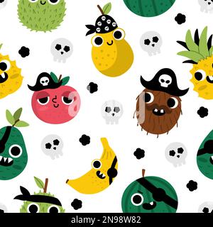 Vector funny kawaii fruit seamless pattern. Pirate fruits repeating background. Comic digital paper with plants with eyes, pirate hat, eye patch, and Stock Vector