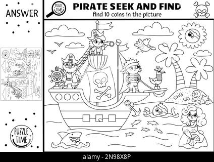 Pirate black and white seek and find game with traditional symbols ...