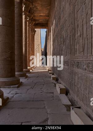 The Temple of Edfu in Edfu, Egypt , Details of The inscriptions on its walls provide important information on language, myth and religion . Stock Photo