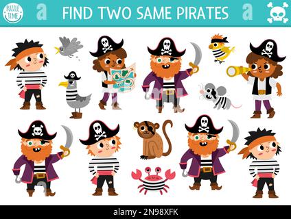 Find two same pirates. Treasure island matching activity for children. Sea adventures educational quiz worksheet for kids for attention skills. Simple Stock Vector