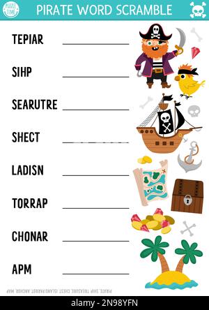 Vector pirate word scramble activity page. English language game with ship, treasure island, chest for kids. Sea adventures family quiz with map, parr Stock Vector