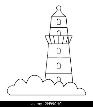 Vector black and white lighthouse icon. Outline light house illustration isolated on white background. Sea beacon line picture or coloring page Stock Vector
