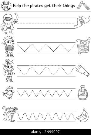 Vector pirate handwriting practice worksheet. Treasure island printable black and white activity for preschool children. Tracing game for writing skil Stock Vector