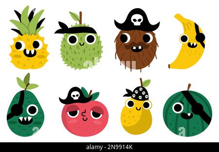 Vector funny kawaii fruit icons set. Pirate fruits illustration. Comic plants with eyes, pirate hat, eye patch, and mouth. Healthy summer food collect Stock Vector