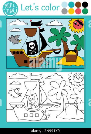 Pirate coloring page for children with palm trees. Vector treasure ...