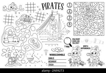 Vector pirate placemat for kids. Treasure hunt printable activity mat with maze, tic tac toe charts, connect the dots, find difference. Sea adventure Stock Vector