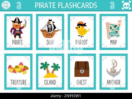 Vector Flash Cards Set With Water Animals Octopus Seahorse English