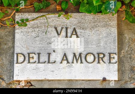 Street sign Via dell' Amore, Road of Love, Pienza, Val d'Orcia, Orcia Valley, Tuscany, Italy Stock Photo