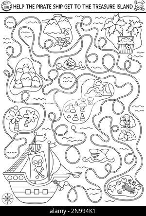 Pirate black and white maze for kids with marine landscape, ship, isles. Treasure hunt line preschool printable activity. Sea adventures coloring laby Stock Vector