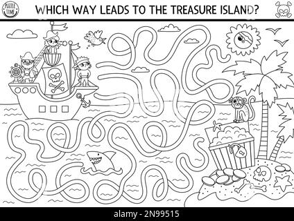 Pirate black and white maze for kids with marine landscape, ship, treasure island. Treasure hunt preschool printable activity with chest, coins, shark Stock Vector