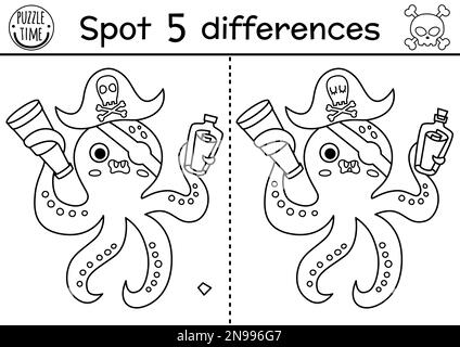 Cartoon pirate octopus with bottle. Black and white vector illustration ...