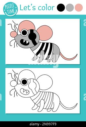 Pirate coloring page for children with cute rat. Vector treasure island outline illustration. Color book for kids with colored example and mouse. Draw Stock Vector