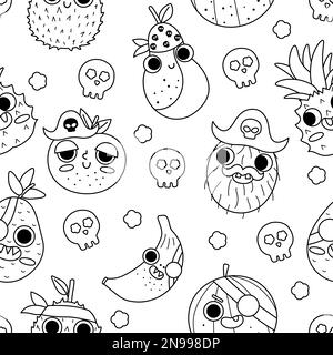 Vector black and white kawaii fruit seamless pattern. Line pirate fruits repeating background. Comic digital paper or coloring page. Healthy summer fo Stock Vector
