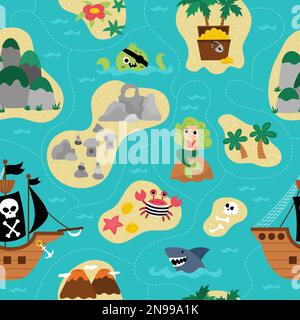 Vector treasure island seamless pattern with pirate ship, mermaid, octopus. Cute repeat background with tropical sea isles, sand, palm trees, volcano, Stock Vector