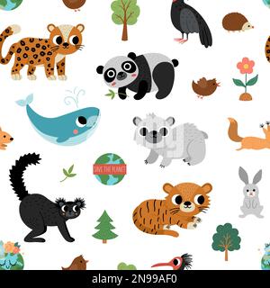Vector endangered species seamless pattern. Cute extinct animals repeat background. Funny digital paper for kids with amur leopard, blue whale, black Stock Vector