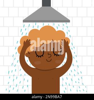 Boy taking a shower icon. Cute washing kid. Child doing daily routine. Morning ritual or healthy lifestyle concept Stock Vector