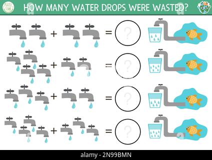 How many drops game with taps. Ecological math addition activity for preschool children. Simple eco earth day printable counting worksheet for kids wi Stock Vector