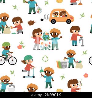 Ecological vector seamless pattern with children. Cute eco friendly repeat background. Boys and girls saving water, energy, seeding plants, caring of Stock Vector