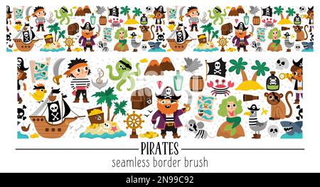 Vector pirate horizontal seamless border brush with sailors and animals. Sea adventures horizontal repeat background or treasure island design. Cute i Stock Vector