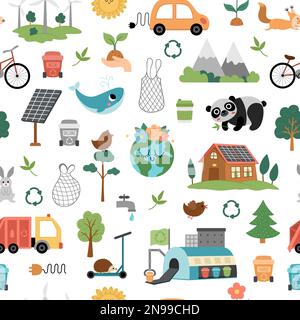 Vector ecological seamless pattern for kids. Earth day repeat background with cute children, planet, waste recycling concept. Environment friendly dig Stock Vector