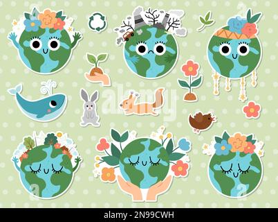 Vector ecological stickers set for kids. Earth day patches collection ...