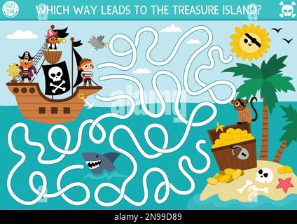 Pirate maze for kids with marine landscape, ship, treasure island. Treasure hunt preschool printable activity with chest, coins, shark, sun, palm tree Stock Vector