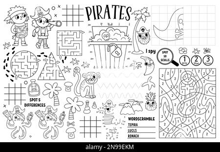 Vector pirate placemat for kids. Treasure hunt printable activity mat with maze, tic tac toe charts, connect the dots, find difference. Sea adventure Stock Vector