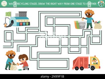 Ecological maze for children with kids sorting out the rubbish. Earth day preschool activity. Eco awareness or zero waste labyrinth game with garbage Stock Vector