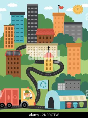 Vector eco city scene. Ecological town landscape with zero waste concept. Green city illustration with buildings, rubbish truck, waste recycling plant Stock Vector