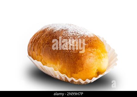 Side view of fresh butter bread with icing sugar isolated on white background with clipping path Stock Photo