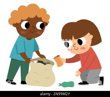Cute eco friendly kids collecting waste. Boy and girl caring of environment, sorting rubbish. Earth day illustration. Ecological vector concept with c Stock Vector