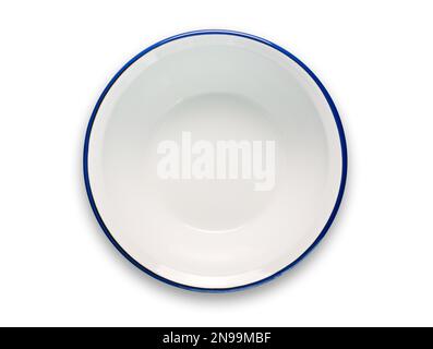 top view of white enamel bowl with blue rim isolated on white background Stock Photo